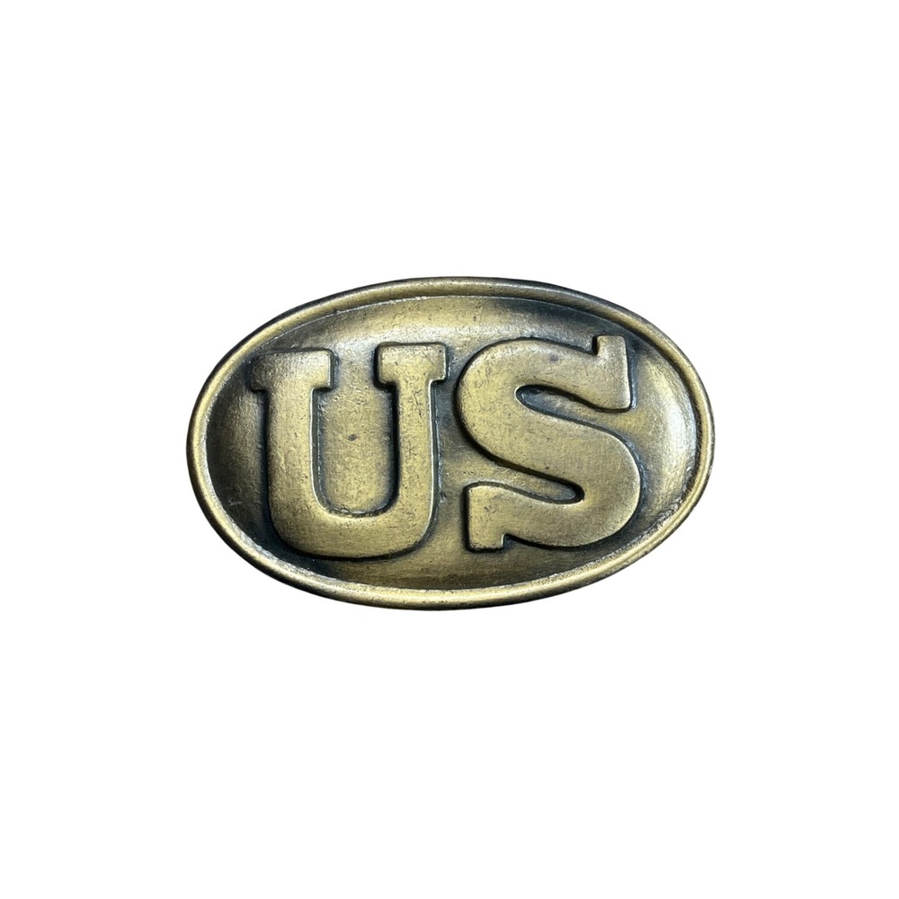 Vintage US Military Style Oval Belt Buckle Brass Tone Patriotic Americana